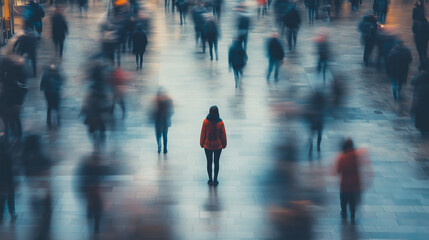 Person in red jacket standing alone in the center of a busy blurred crowd. Concept of solitude in bustling environment. 