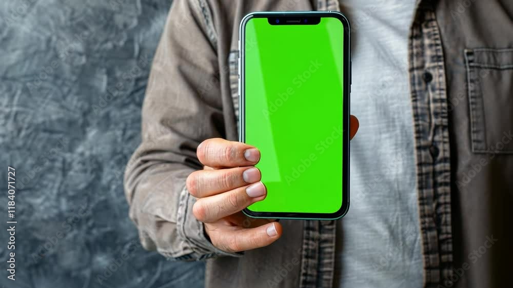 Aufkleber a person holds up a smartphone featuring a bright green screen, ideal for overlays and creative proj