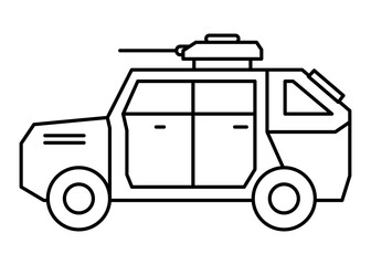 Military vehicle clip art. Outline design for kids drawing and coloring. Vector illustration.

