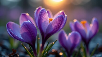 Close-Up of Purple Crocus Blossom with Dewdrops in Soft Daylight  