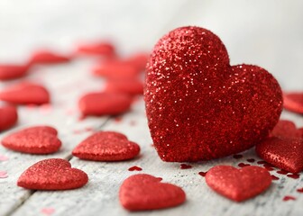 Fototapeta premium A bright red glitter heart surrounded by several small red hearts, perfect for Valentine's Day or romantic celebrations