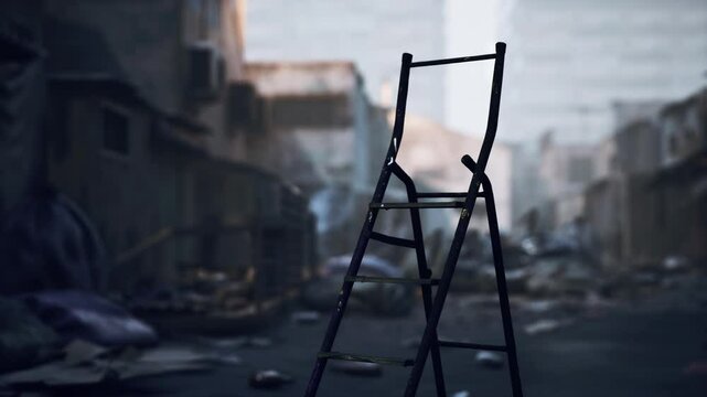 A solitary ladder stands amid rubble and debris in a deserted cityscape, highlighting the desolation of the surroundings with dilapidated buildings in the background.