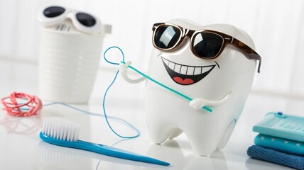 Promotional Image of Cartoon Tooth with Dental Tools and Floss