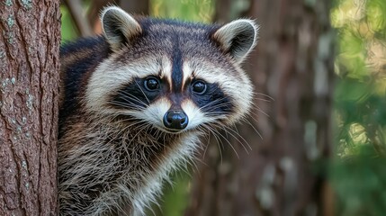 Curious raccoon peering from behind a tree trunk in a forest.