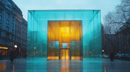 Glass pavilion entrance, city street, evening glow, urban architecture