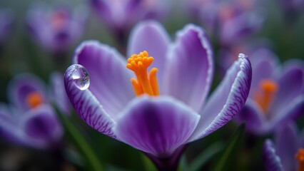 Close-Up of Purple Crocus Blossom with Dewdrops in Soft Daylight


