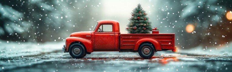 A toy red truck carrying a Christmas tree, surrounded by snowy decor and festive lights. Perfect for holiday, winter, and nostalgic themes.