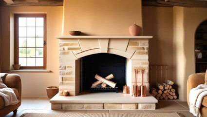A warm and inviting fireplace with neatly stacked logs and elegant tools creates a cozy atmosphere in the room, complemented by natural light streaming through nearby windows.