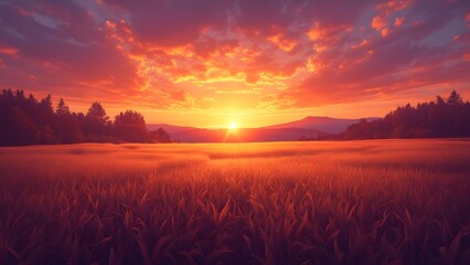Fototapeta premium Fiery Sunset over Vast Field, Breathtaking Nature Scene with Vibrant Orange and Purple Hues