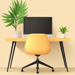 Modern Workspace with Desk, Chair, Monitor, and Green Plants