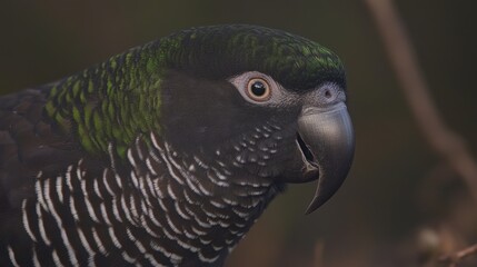 Fototapeta premium Close-Up of a Stunning Parrot with Vibrant Green Feathers and Intricate Patterns Captured in Natural Habitat