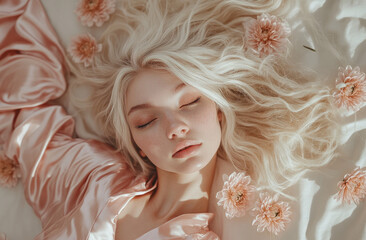 an attractive woman in pink silk pajamas lying on a white floor with flowers, taken from above
