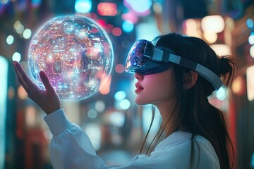 Exploring Virtual Worlds: Immersive VR Headset Experience Shows Futuristic Cityscapes, Digital Data, and Interactive 3D Environments.