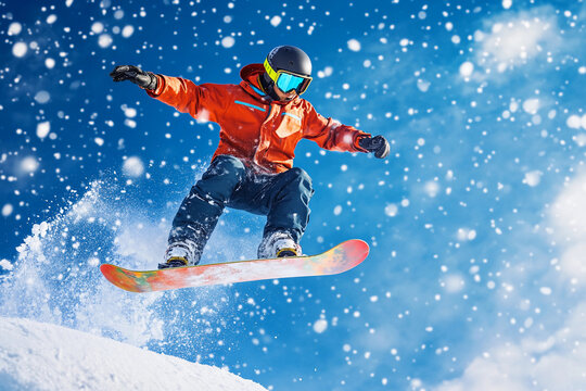 Snowboarder performs tricks in a snowy mountain landscape on a bright sunny day while enjoying winter sports