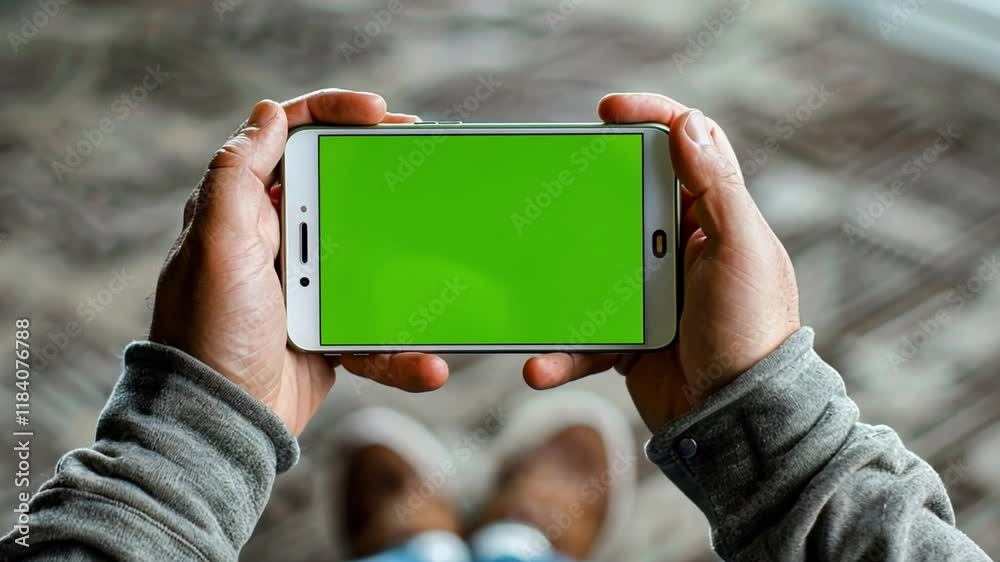 Poster Hands holding a smartphone with a bright green screen are positioned above a patterned surface. The setting suggests a creative workspace, ideal for video production or digital mockups.