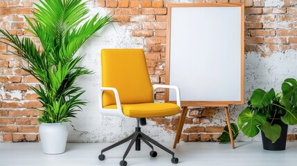 Bright Yellow Office Chair Against Rustic Brick Wall and Plants