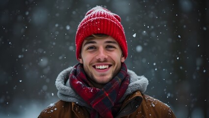 Fototapeta premium Charming Young Man in Red Beanie, Winter Portrait, Approachable, Friendly Smile in Snowy Scene