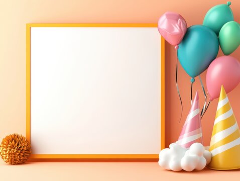 Colorful Celebration Scene with Blank Frame and Party Decorations