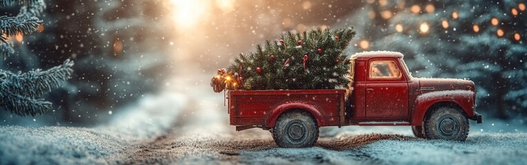 A toy red truck carrying a Christmas tree, surrounded by snowy decor and festive lights. Perfect for holiday, winter, and nostalgic themes.