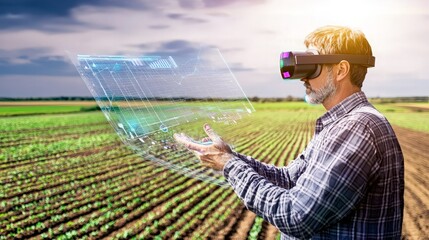 Farmer using VR headset to analyze crops in field.