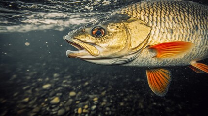 Fototapeta premium Underwater Close-Up of a Fish with Vibrant Colors Swimming in Clear Water