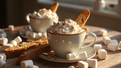 Warm Cozy Hot Chocolate with Whipped Cream, Marshmallows, and Biscotti - Delicious Winter Treat
