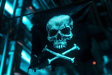 Cyberpunk Pirate Flag on Neon-Lit Digital Display  