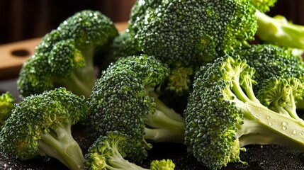 Fresh, green broccoli florets, wet, close-up.