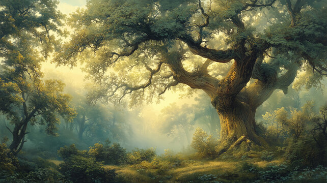 朝霧の中に立つ荘厳な大木と幻想的な森の風景