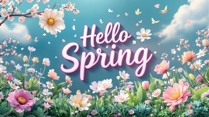 Spring season 3d render beautiful illustration. Hello spring poster with 3d rendering beauty of nature