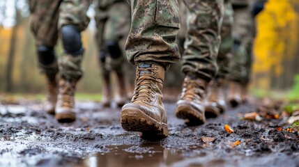Military Mud March Soldiers in Formation Navigate Challenging Forest Terrain, Camo Boots Close Up