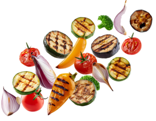 falling grilled vegetables isolated on white background, cutout
