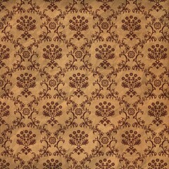 Brown vintage damask wallpaper with floral motifs and aged texture. Perfect for antique decor, scrapbooking, packaging, posters, and classic ornamental design.
