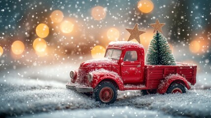A toy red truck carrying a Christmas tree, surrounded by snowy decor and festive lights. Perfect for holiday, winter, and nostalgic themes.