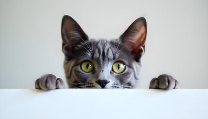 A curious gray cat peeks over a white surface, its eyes full of wonder and intrigue