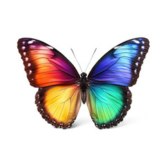 Fototapeta premium Colorful butterfly with vibrant wings displaying blue, orange, green, and purple patterns isolated on transparent background, PNG