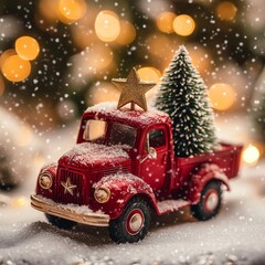 A toy red truck carrying a Christmas tree, surrounded by snowy decor and festive lights. Perfect for holiday, winter, and nostalgic themes.