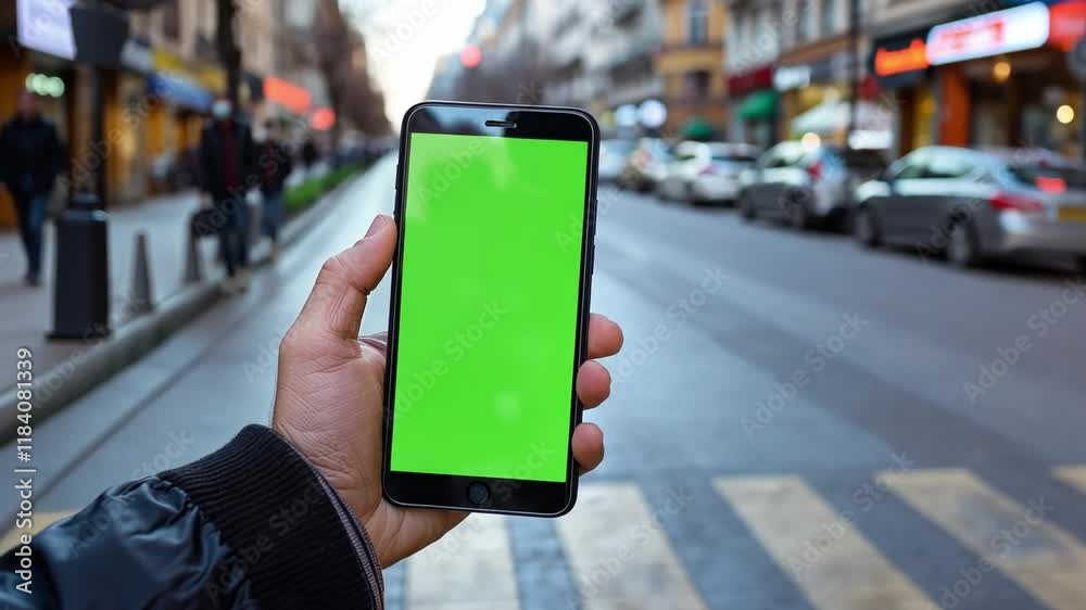 Poster a person is holding a smartphone with a bright green screen in one hand while standing on a crosswal