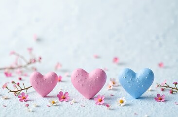 Fototapeta premium Light pink and blue small hearts and small flowers on a light background