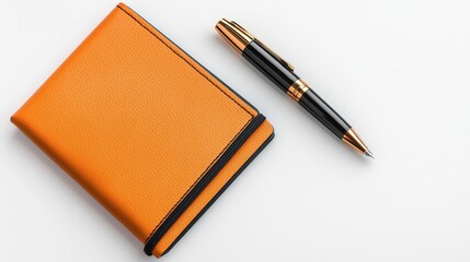 Stylish Orange Notebook and Black Pen on Minimalist Background