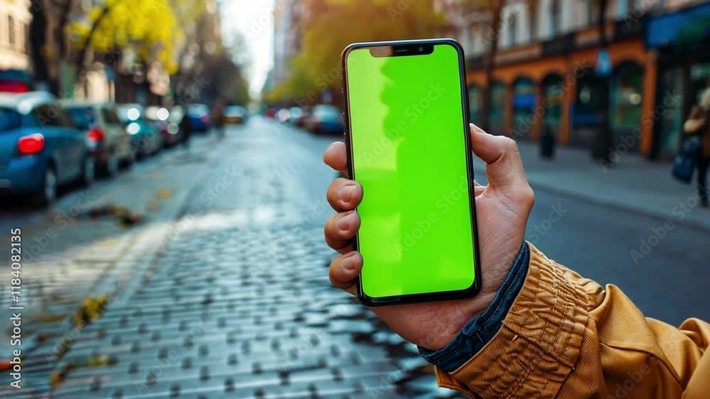 Poster a person is standing on a cobblestone street holding a smartphone displaying a bright green screen. 