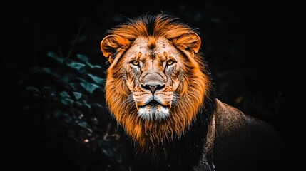 Fototapeta premium Majestic Lion Portrait with Captivating Gaze in Dramatic Lighting Surrounded by Natural Habitat