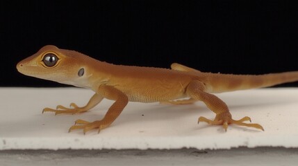 Fototapeta premium Close-Up of a Brown Gecko on a White Surface Against Black Background