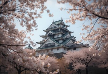 Japanese castle framed by cherry blossoms in spring