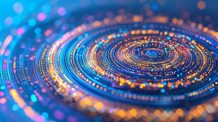 A 3D rendering of a secure medical data core, with glowing rings of information symbolizing patient health records and advanced security protocols.