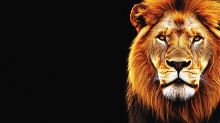 Fototapeta premium Majestic Lion Portrait with Detailed Mane Set Against a Black Background in a Striking Wildlife Image