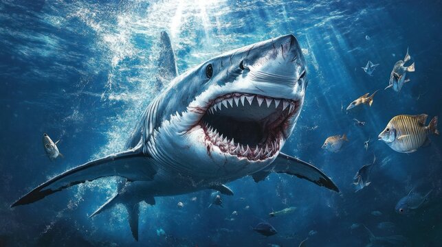 Great white shark underwater, open mouth, surrounded by smaller fish, sunlit water.