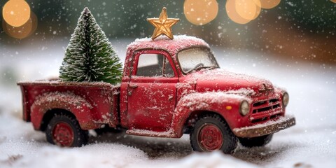 A toy red truck carrying a Christmas tree, surrounded by snowy decor and festive lights. Perfect for holiday, winter, and nostalgic themes.