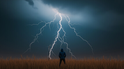 person stands in field, gazing at dramatic thunderstorm with striking lightning illuminating dark sky. scene evokes sense of awe and chaos