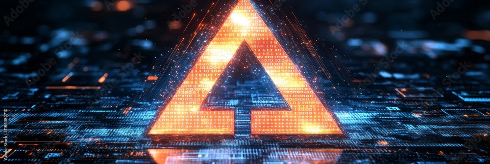 Poster triangle. glowing orange binary code in network digital circuit board. security cyber crime